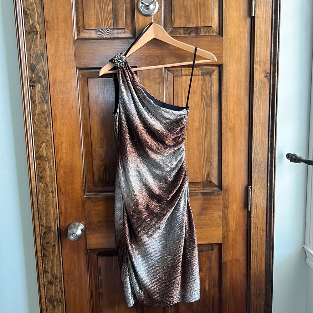 Maggie London one shoulder silver and bronze fitted dress